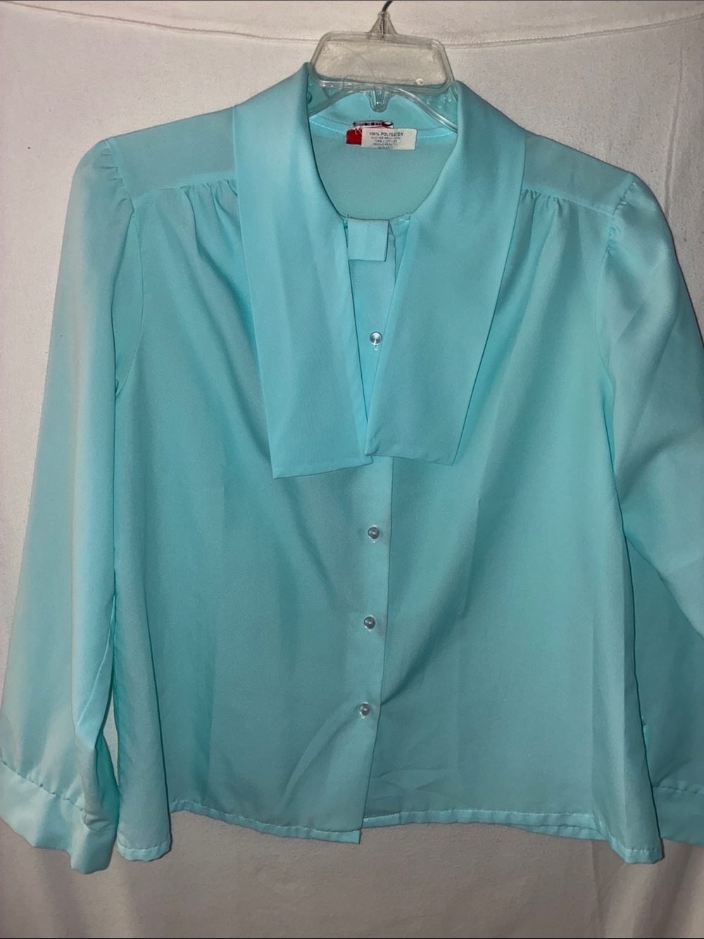 Light Aqua Blue Women's Button-Front Blouse with Neck Tie